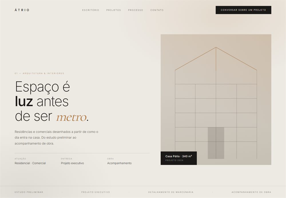 Modelo de site para escritório de arquitetura, em tons de concreto com terracota